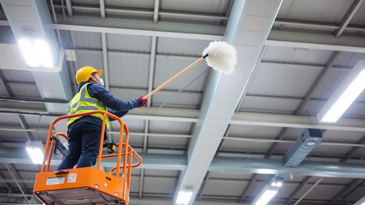 Worker high dusting an industrial ceiling.