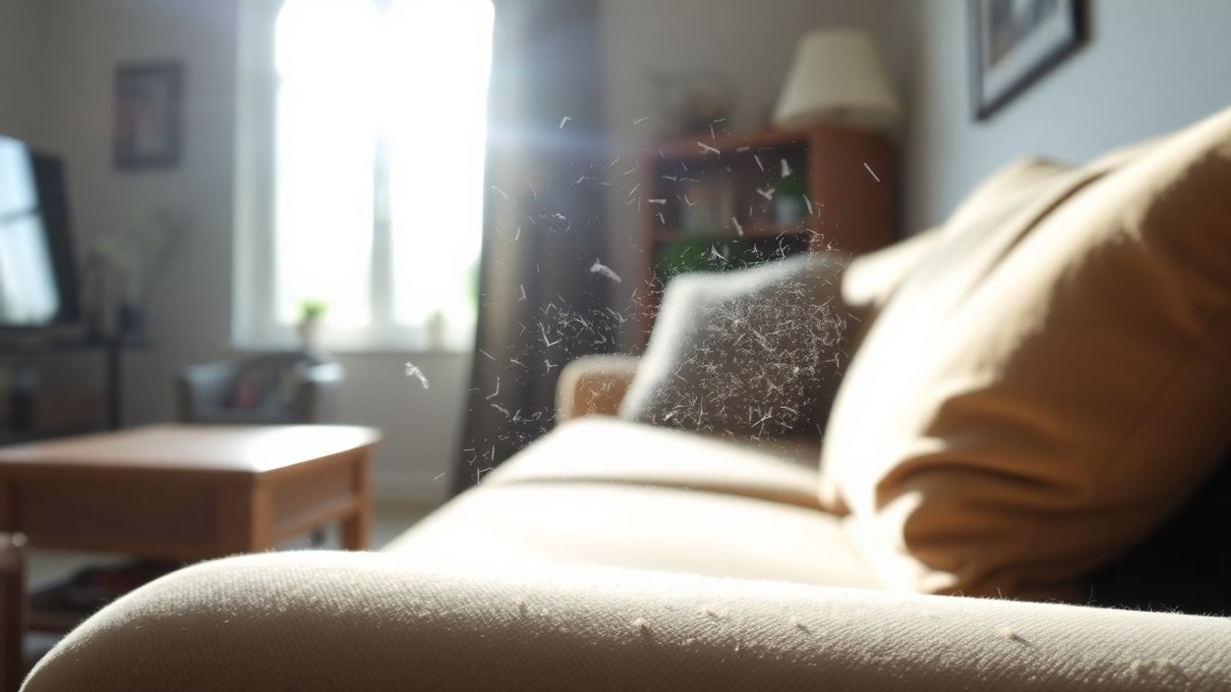 Dust and pet dander on sofa in sunlight