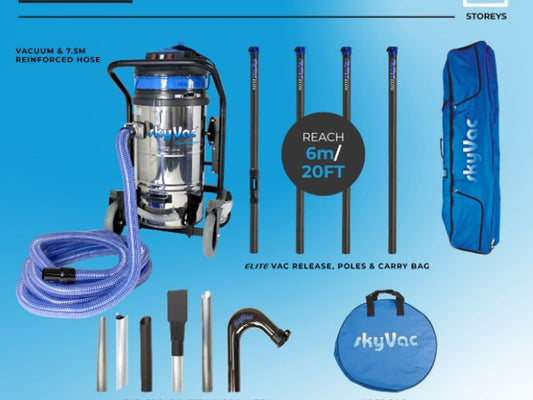 Industrial vacuum cleaner with accessories, hose, and storage bag.