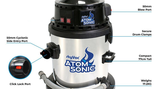 A vacuum cleaner with features labeled and highlighted for usability.