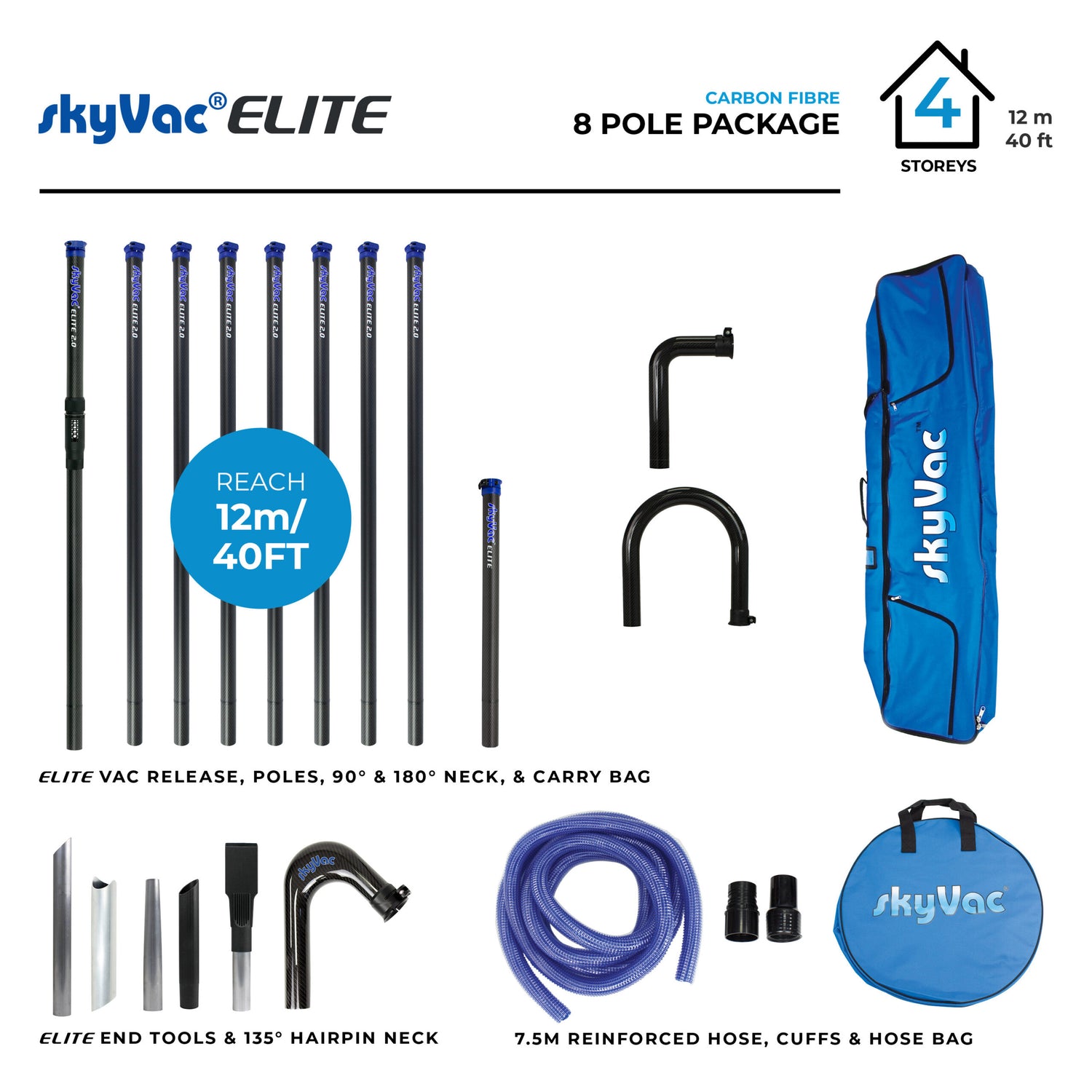 Postes de fibra de carbono SkyVac® Elite con manguera, cuello y herramientas de extremo (usted elige)