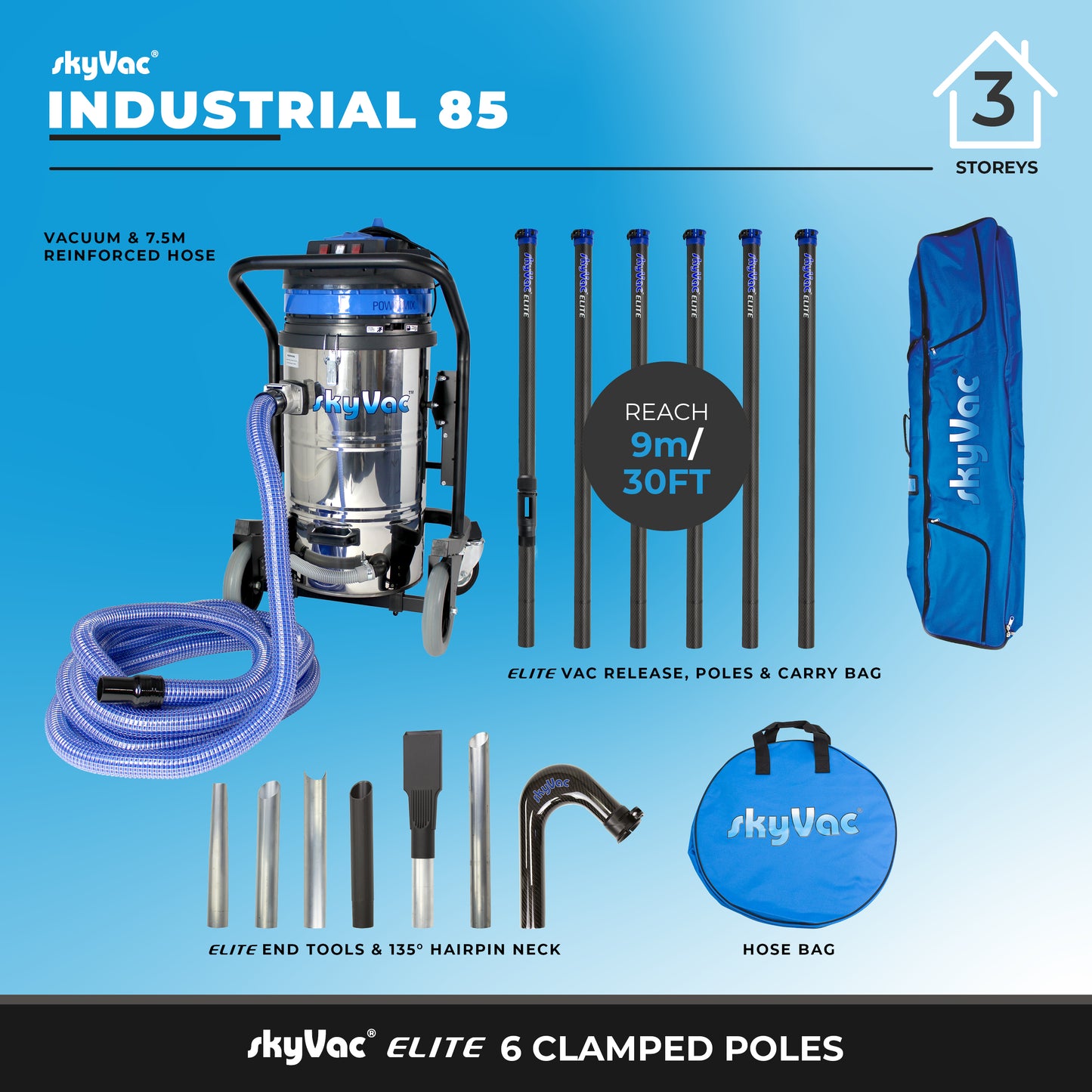 SkyVac 85 Elite Industrial Gutter Cleaning Vacuum System with Drain Hose and Sieve Basket, 6 Carbon Fiber Poles