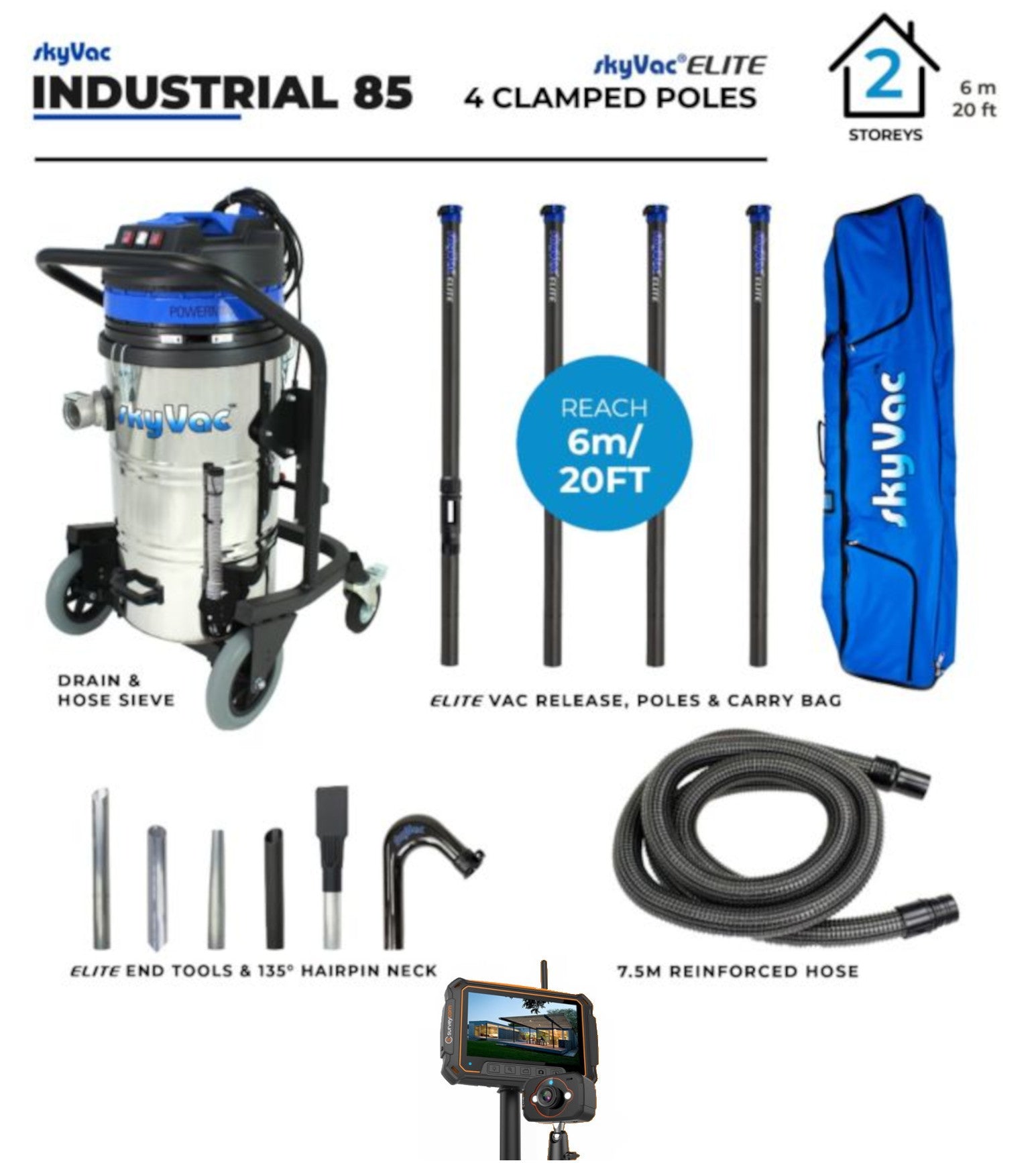 SkyVac 85 Elite Industrial Gutter Cleaning Vacuum System with Drain Hose and Sieve Basket, 4 Carbon Fiber Poles, and Survey Cam