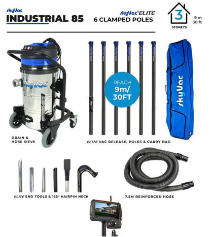 SkyVac 85 Elite Industrial Gutter Cleaning Vacuum System with Drain Hose and Sieve Basket, 6 Carbon Fiber Poles, and Survey Cam