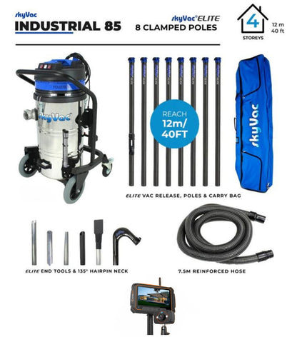 SkyVac 85 Elite Industrial Gutter Cleaning Vacuum System with 8 Carbon Fiber Poles and Survey Cam