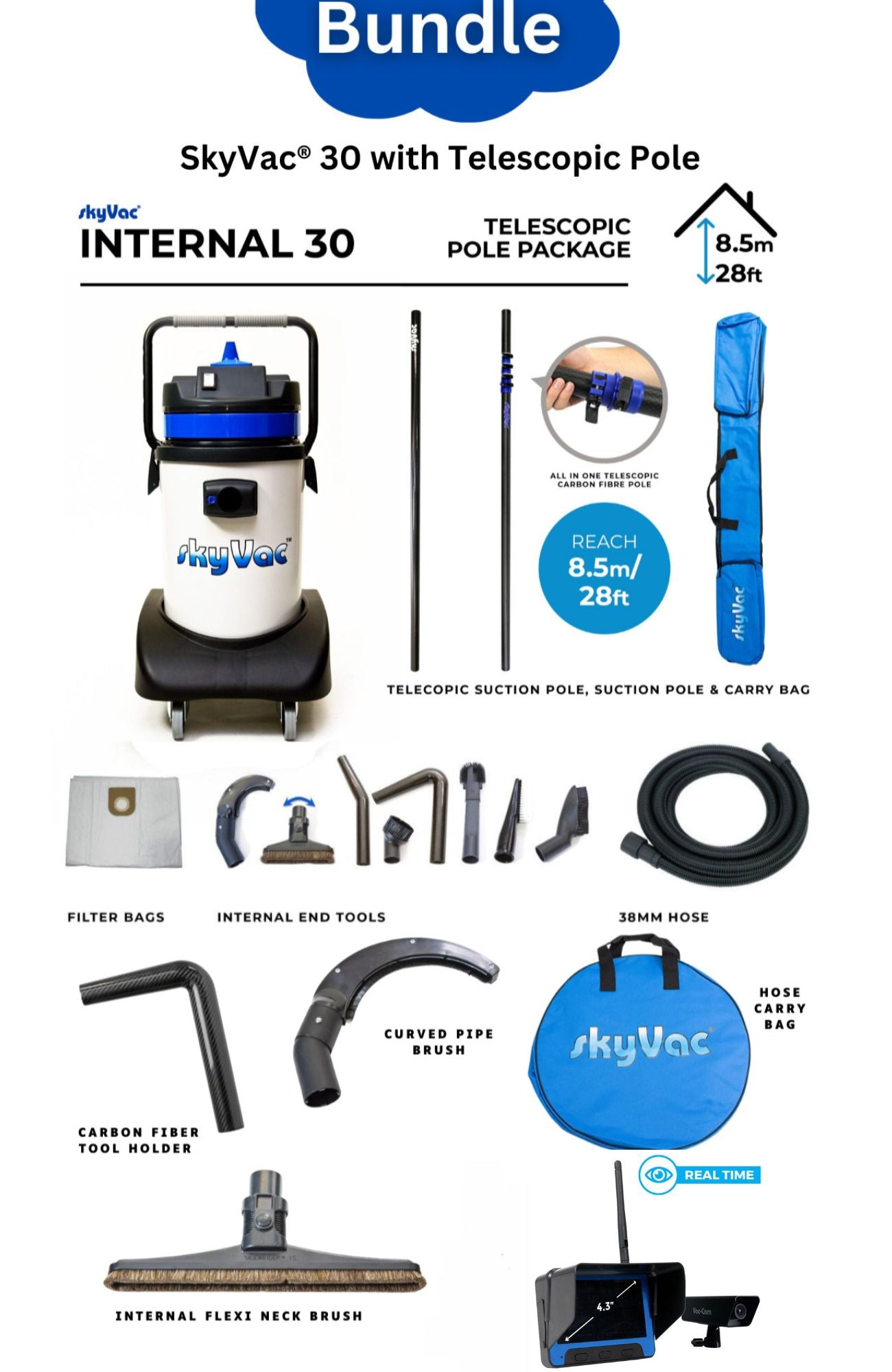 SkyVac 30 Telescopic Pole Most Popular Bundle with Real Time Camera